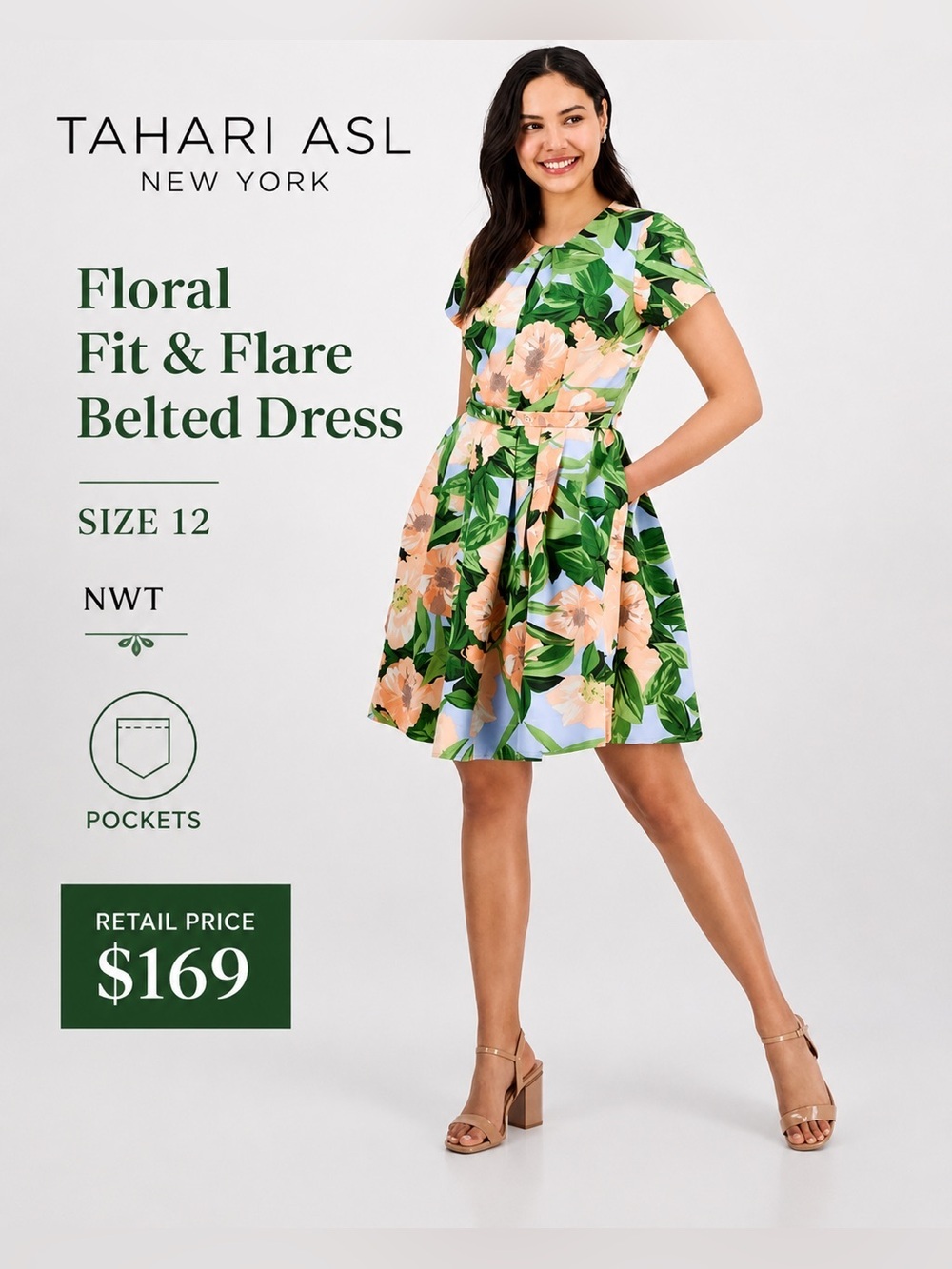 Tahari ASL Floral Fit Flare Belted Dress 12 Pockets NWT